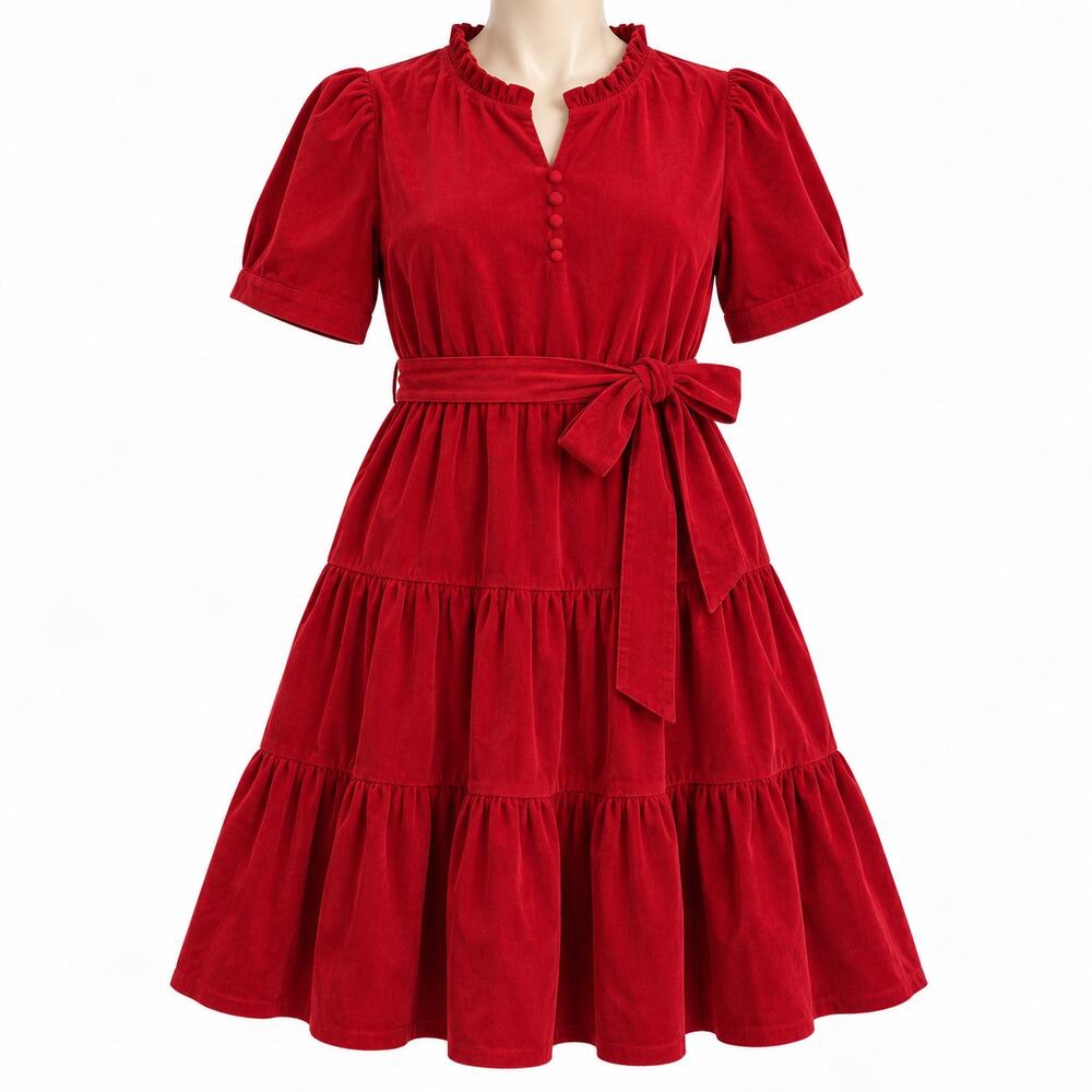 Draper James RSVP Red Corduroy Tiered Midi Dress Belted Pocketed Women's XL